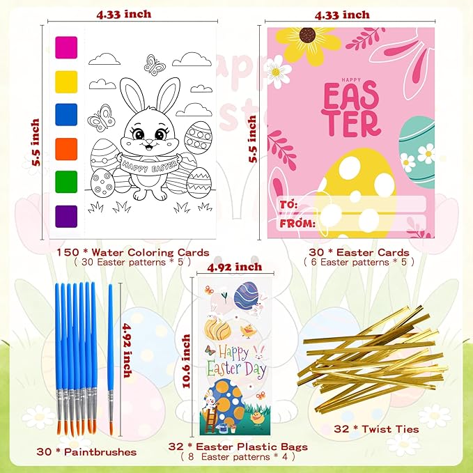 Rotu Easter Basket Stuffers Essentials 30 Packs(274Pcs) Mess Free Watercolor Coloring Books with Easter Cards for Kids, Easter Classroom Gifts for Kids Crafts Games Party Favors for Kids