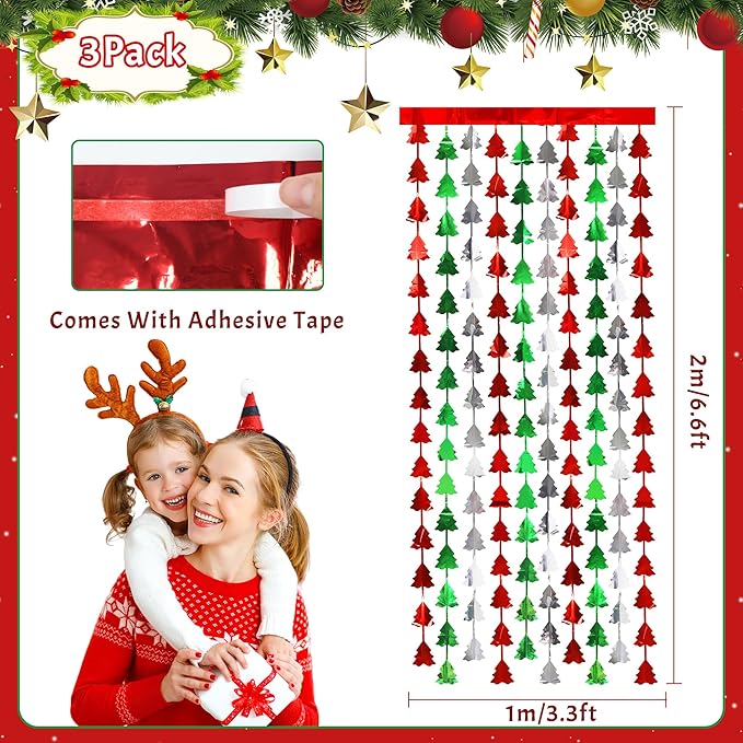 Christmas Party Decorations 3 Pack Christmas Foil Fringe Curtains 3.3 X 6.6 ft Red Green Silver Tinsel Curtain Xmas Fringe Streamer Backdrop Photo Backdrop for Ugly Sweater Party Decorations