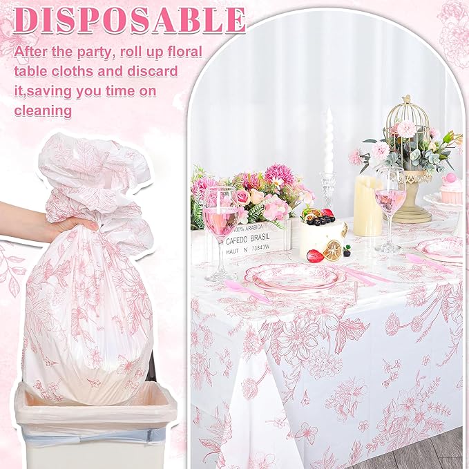 3 Pcs Pink Floral Plastic Tablecloths, 54 X 108Inch Tea Party Tablecloth Disposable Vintage Table Cloth Pink and White Porcelain Tables Decor for Easter Mother's Day Birthday Garden Wedding Tea Party