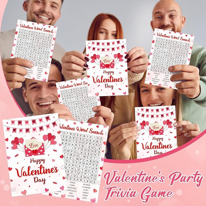 30 Players Valentine's Party Games for Adults Family Office Large Groups, Valentine Parties Word Search Game Card with Answer Key, Valentines Day Classroom Activities Party Favor (Valentines Search)