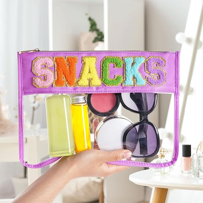 Chenille Letter Bag, Multi-purpose Nylon Clear Makeup Cosmetic Bags Flat Pouches with Zipper for Travel, Gym, Beach (Purple-Snacks)
