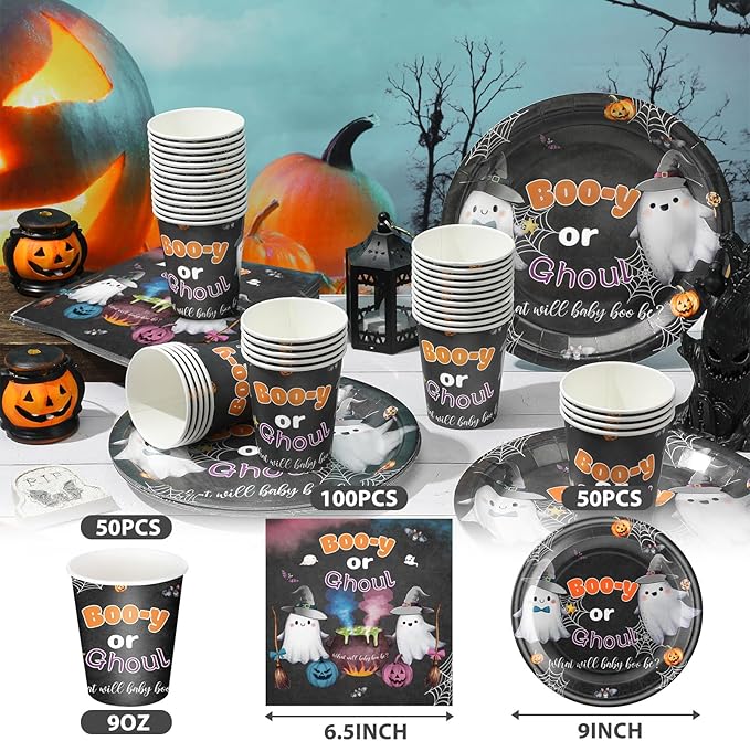Hushee 200 Pcs Halloween Baby Shower Paper Plates Cups Napkins Party Supplies Halloween Booy or Ghoul Gender Reveal Party Decoration Disposable Tableware Set