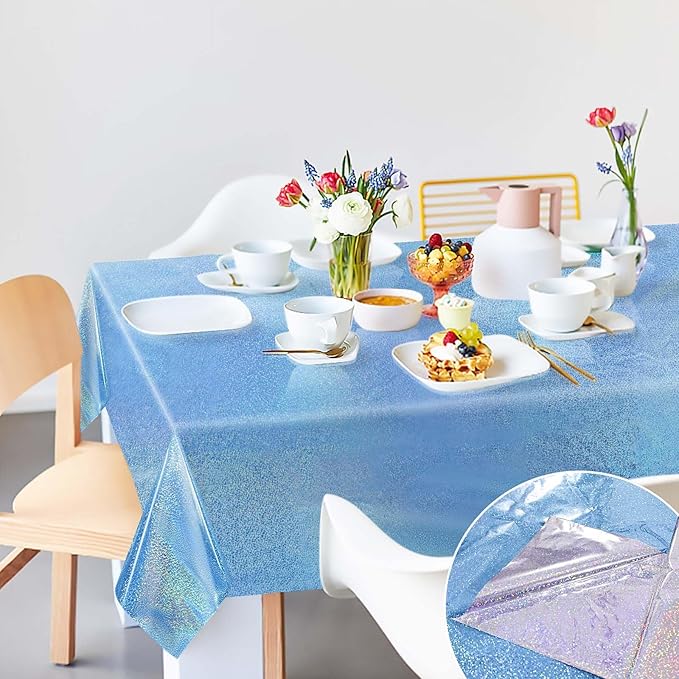 1 Pack Light Blue Iridescent Plastic Tablecloth Disposable 54 × 108 Inch Glitter Holographic Foil Table Cloth Plastic Laser Rectangle Table Cover for Birthday Wedding Disco Party