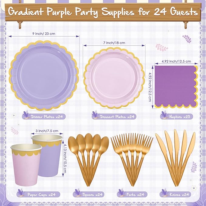 Mimorou 169 Pcs Purple Plates and Napkins Party Supplies for Guests Lavender Purple and Gold Tableware Include Scalloped Plates Paper Napkin Cup Spoon Fork Knife for Baby Shower, Wedding, Birthday
