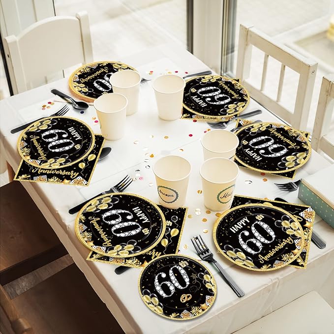 chiazllta 96 Pcs 60th Wedding Anniversary Party Paper Plate and Napkins Supplies Gold Black Disposable Tableware Anniversary Party Paper Plates Napkins Supplies for Party Favors 24 Guests