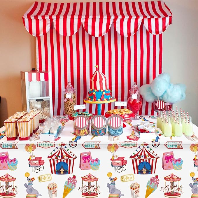 2 Pack Circus Carnival Theme Tablecloth 54 x 108 Inch Disposable Plastic Waterproof Table Cloths Circus Theme Party Decorations Tablecover for Carnival Night Movie Happy Birthday Party Supply