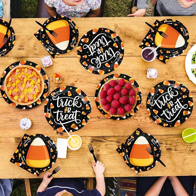 Grencian 96PCS Candy Theme Corns Halloween Party Supplies Set Orange Trick Treat Halloween Plates and Napkins Candy Theme Corns Disposable Tableware Set for Birthday Decorations