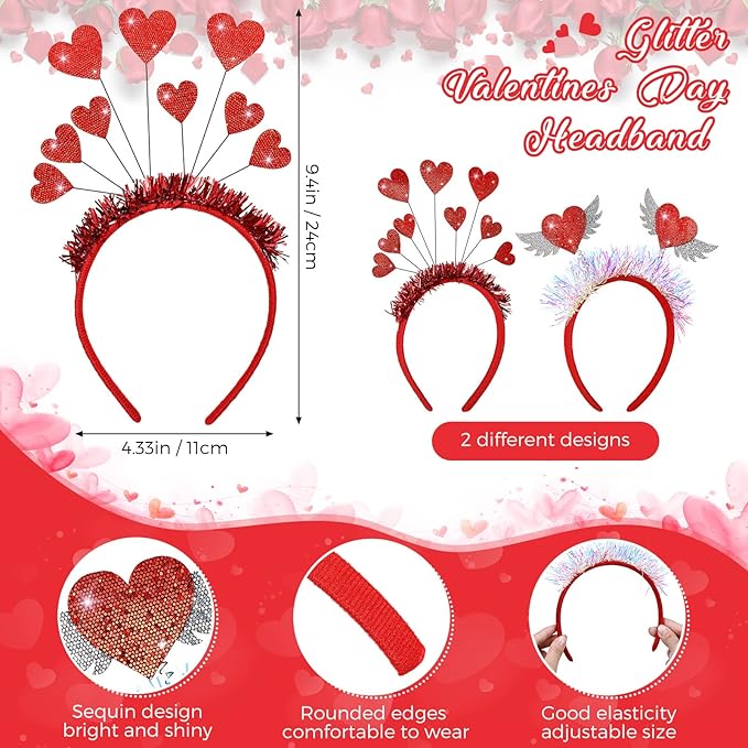 MTLEE 8 Pcs Valentines Day Heart Head Bopper Headband and Heart Sunglasses Bulk Valentines Photo Prop Galentines Party Favor
