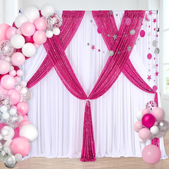 B-COOL Sequin Backdrop Fuchsia Backdrop Curtains 4 Panels 2ft x 8ft Hot Pink Sparkly Backdrop Fabric for Birthday Sweetheart Party Birthday Wedding Drapes