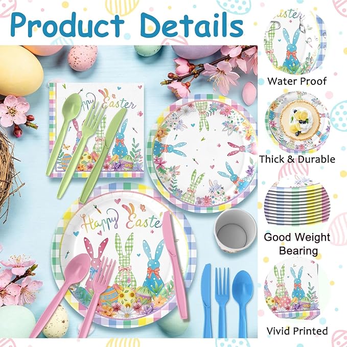 112 PCS Easter Day Party Disposable Set for 16 Guests - Complete 9'' & 7'' Paper Plates, Napkins, Cups, Knives, Forks & Spoons | Perfect for Easter Brunch, Spring Picnic, Holiday,Birthday