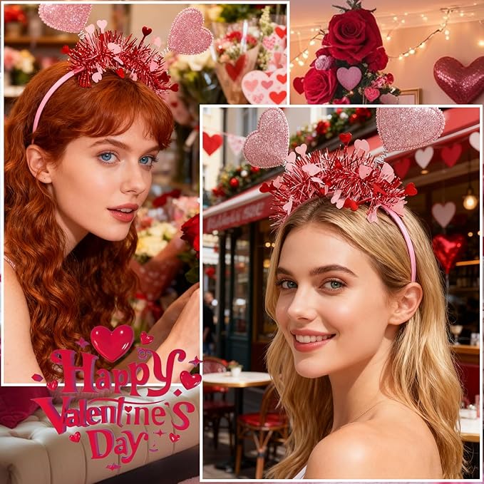 1pcs Valentines Headband Romantic Heart Headbands with Pink Sequin Hair Accessories Shiny Pink Heart Tassel Head Bopper for Valentines Wedding Anniversary Decorations