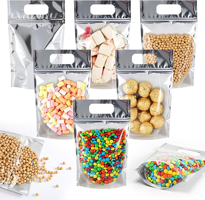 120 Pcs Plastic Gift Bag Bulk 5.5 x 8.7 Inch Resealable Party Goodie Bag with Clear Window Color Favor Pouch with Handle for Home Birthday Wedding Party Candy Gift Wrap Supply(Metallic)