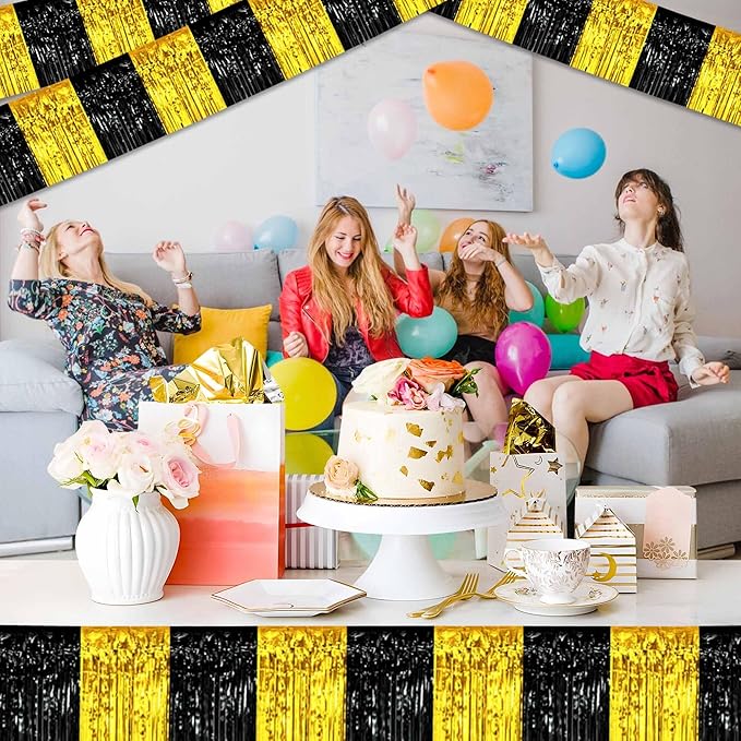 3 Pack 10 Ft Black and Gold Foil Fringe Garland Metallic Streamers Tinsel Banner Wall Hanging Garland Backdrop for Parade Floats, Halloween, Christmas, Thanksgiving, New Year Party Decorations