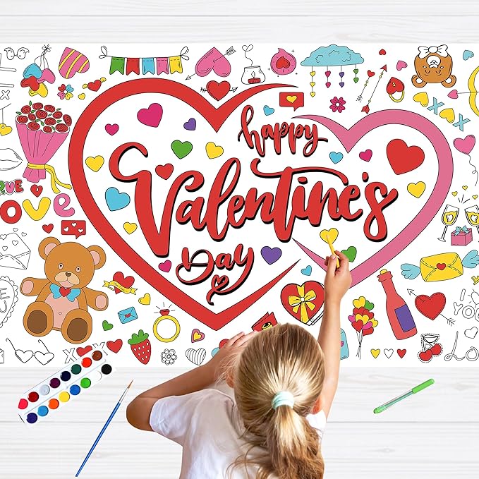 Valentines Day Large Coloring Tablecloth, Valentine's Day Giant Coloring Poster for Classroom Activity and Home Party Favors, 30x72 Inch