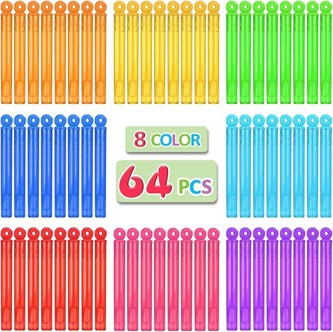 Bubble Wands Party Favors Pack of 64, Mini Neon Bubble Wands | Odor-Free Non-Toxic Kids’ Bath Toy/Birthday Treats Bubble Maker Toys for Kids | Outdoor Summer Events & Celebration Toy Gift