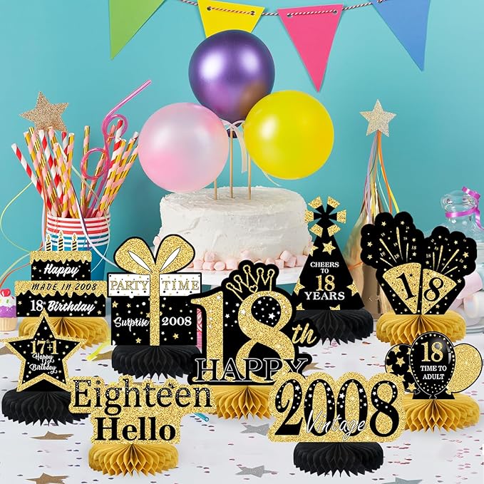 9Pcs Black Gold 18th Birthday Decorations Honeycomb Centerpieces for Boys Girls,Happy 18th Birthday Centerpieces Tables Toppers Party Decorations Supplies,Vintage 2008 Aged Table Sign Decor