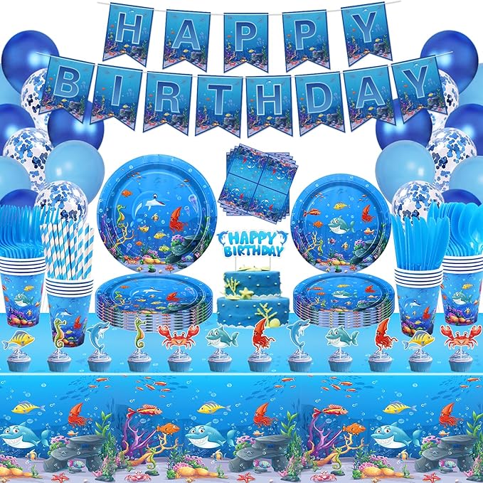 223 Pack Under the Sea Party Supplies Ocean Sea Party Tableware Set Plates Cups Napkins Tablecloth Banner Balloons Cake Toppers for Underwater World Birthday Ocean Animal Party Decorations Serves 20