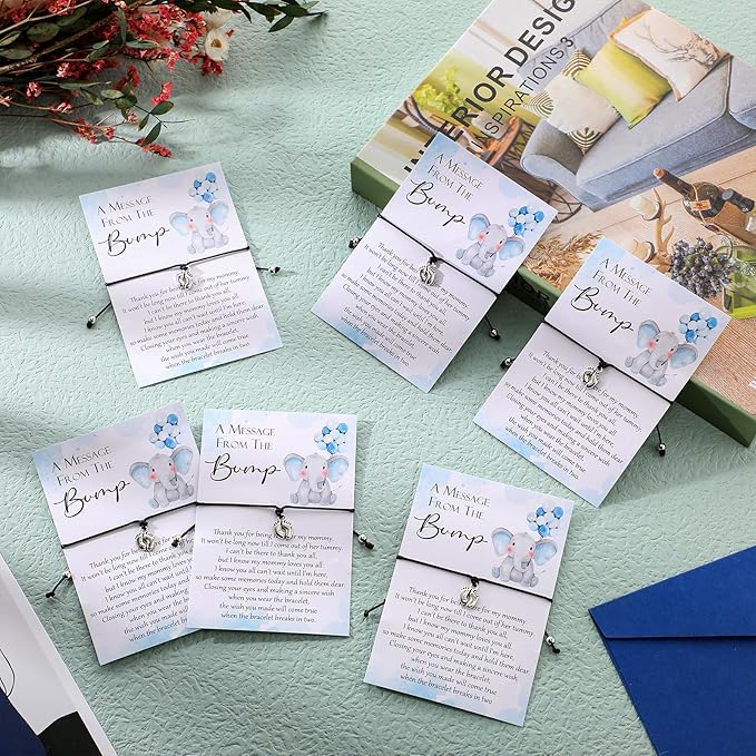 Thyle 50 Set Blue Elephant Baby Shower Favors for Guests Adjustable Bracelets with Message from the Bump Card Footprints Charm Baby Shower Bracelets for Gender Reveal Thank You Gifts