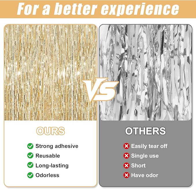 2 Pack Champagne Gold Foil Fringe Curtains Streamers Party Decorations 3.3 x 8.2 ft, Tinsel Curtain Fringe Backdrop for Parties, Door Fringe Birthday Streamers, Photo Booth Backdrops, Party Decor