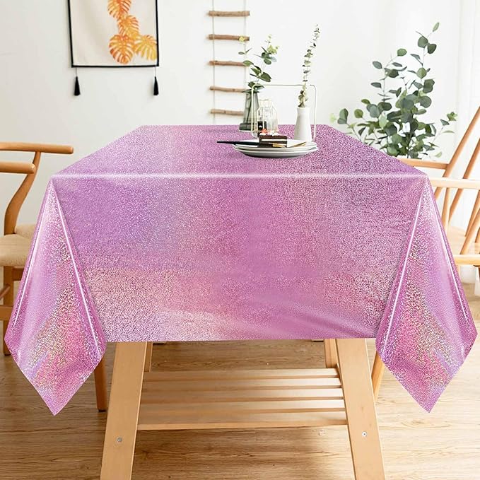 2 Pack Light Pink Iridescent Plastic Tablecloth Disposable 54 × 108 Inch Glitter Holographic Foil Table Cloth Plastic Laser Rectangle Table Cover for Birthday Wedding Disco Party