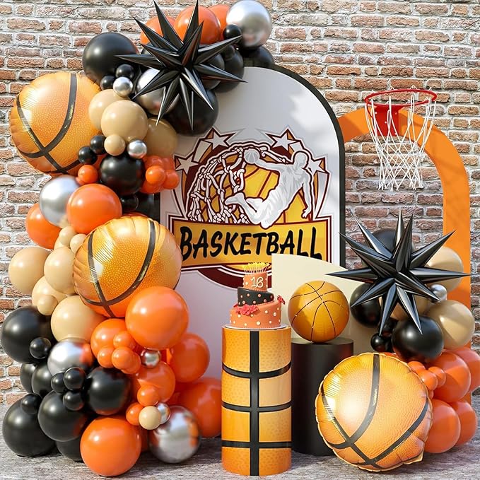 Basketball Balloon Arch Kit, 103 PCS Basketball Party Decorative Balloons, Orange Black Metal Silver Balloons, Suitable for Boys' Birthday, Baby Shower Party, Sports Theme Decor