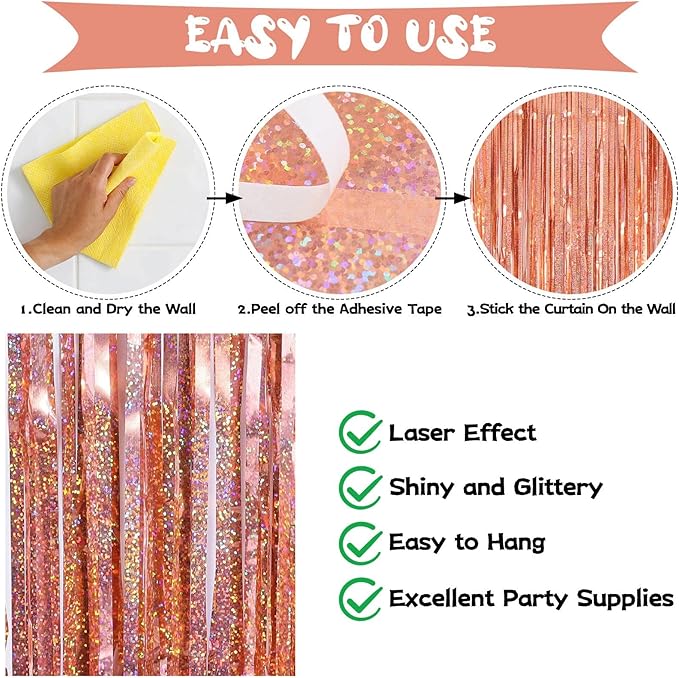 Tinsel Foil Fringe Curtain, 2 Pack Metallic Tinsel Curtain Backdrop for Party Decorations, Large Glitter Streamer Backdrop for Birthday Wedding Christmas Photo Booth (Rose Gold)