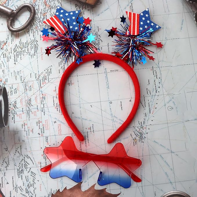 Semato 2 PCS Patriotic Party Accessories 4th of July Headband and Red White Blue Star Sunglasses