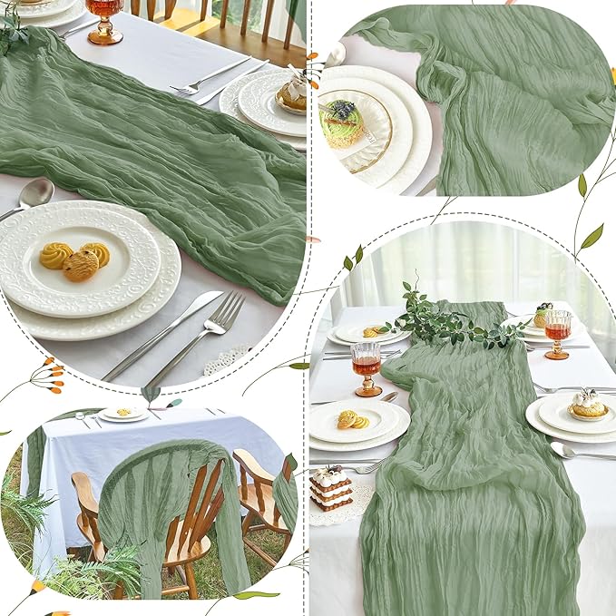 IVAPUPU 10 Pcs Cheesecloth Table Runner - 10ft Sage Green Easter Spring Boho Gauze Cheese Cloth Table Runners for Baby Shower Decoration Wedding Party Garden Farmhouse