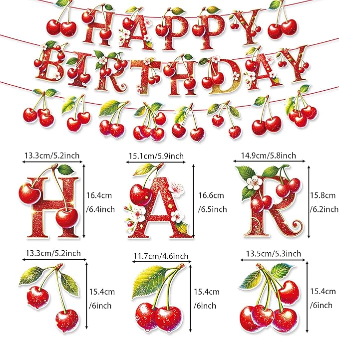 Zwiebeco Cherry Happy Birthday Party Decoration Banner Bunting Garland Hanging Paper for Sweet Girls Women Summer Fruit Themed Baby Shower Accessories Supplies