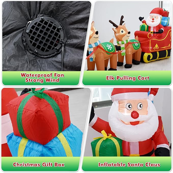 EAONE 12 Ft Christmas Inflatables Outdoor Decorations Giant Blow Up Yard Decorations Inflatable Santa Claus on Sleigh and 3 Reindeer, with Built-in LED Lights for Indoor Outdoor Home Holiday Decor