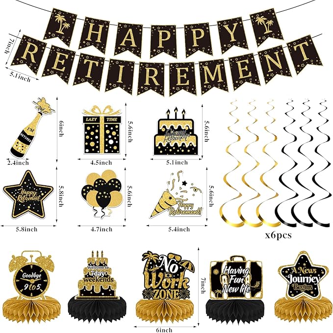 22Pcs Retirement Party Decorations for Men Women, Black and Gold Happy Retirement Banner, Poster, Sash, Balloons, Honeycomb Centerpieces - Retirement Party Supplies for Farewell Goodbye Party