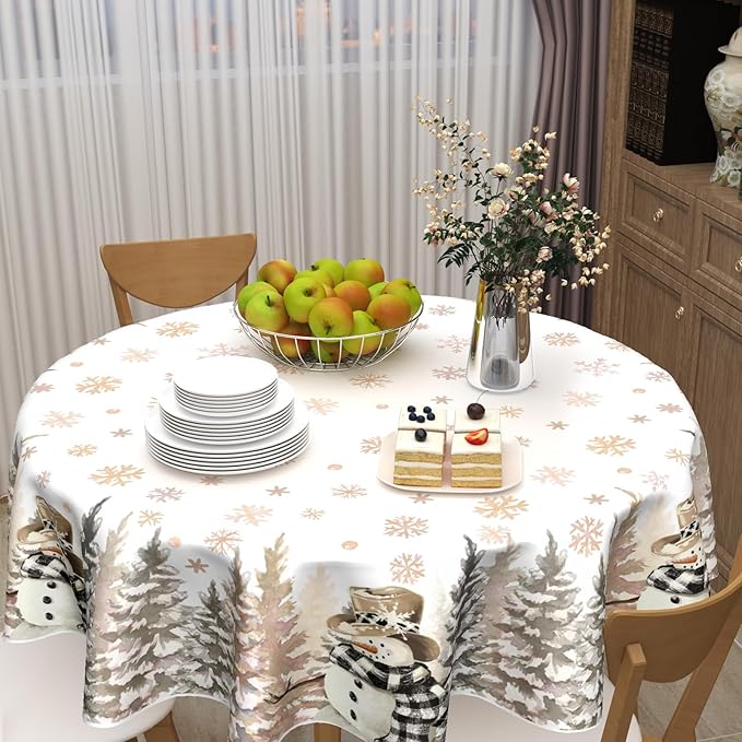 Christmas Round Tablecloth 70 Inch Xmas Snowman and Snowflake Pattern Circle Table Cloth Gold Table Cover Winter Washable Polyester Decor for Home Kitchen Dinning Party