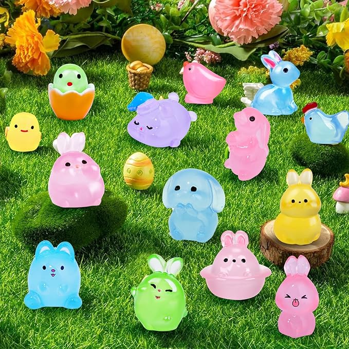 61Pcs Easter Luminous Mini Resin Figurines Miniature Figurines Tiny Small Easter Glow in The Dark Little Bunnies Chicken for Dollhouse Eggs Fillers Landscape Micro Garden Decoration Party Favors