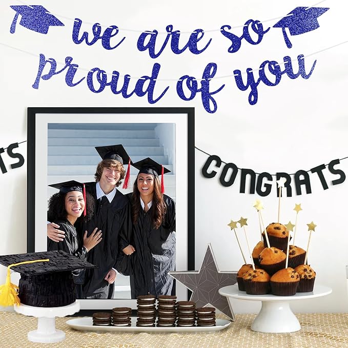 2026 Graduation Decorations Pre-Strung Blingbling We Are So Proud of You Banner Glitter Graduation Garland for Class of 2026 High School College Grad Party (Navy Blue)