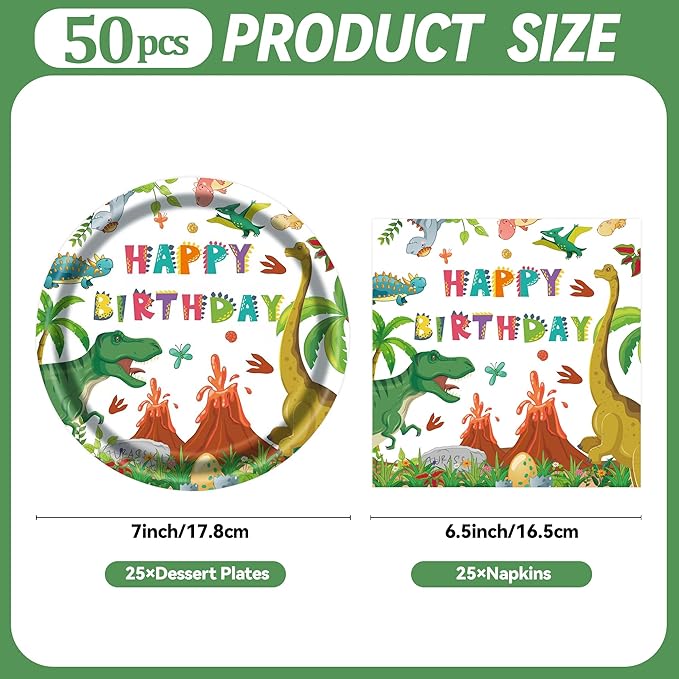50PCS Dinosaur Birthday Paper Plates and Napkins - Watercolor Disposable Paper Plates Napkins Kit for Dinosaur Birthday Party Decorations Table Decor, Serves 25