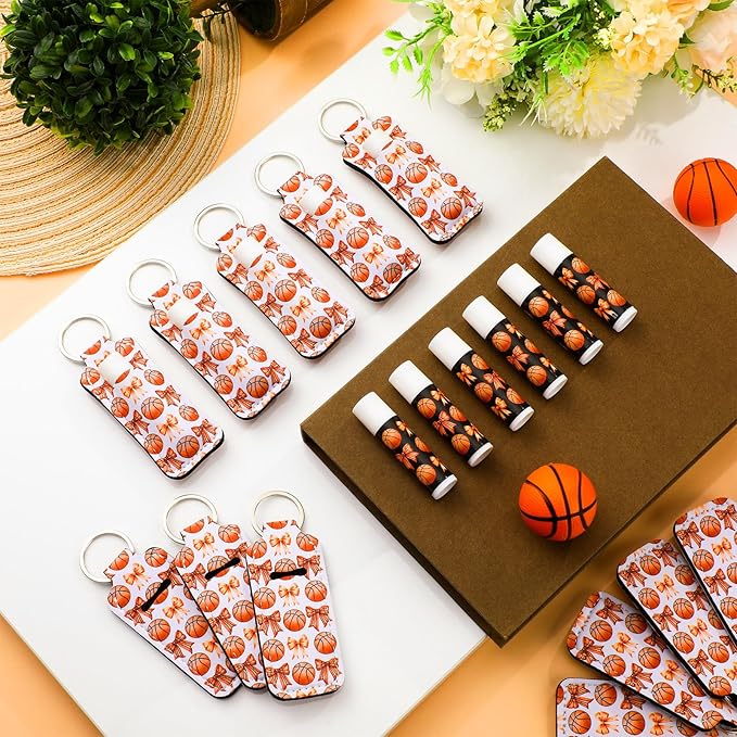 18 Sets Basketball Bow Party Favors Lip Balm and Holder Keychain Bulk Basketball Senior Night Party Supplies Goodie Bags Stuffers Lip Balm Pouch for Team Sports Coach Fans Friends Gifts