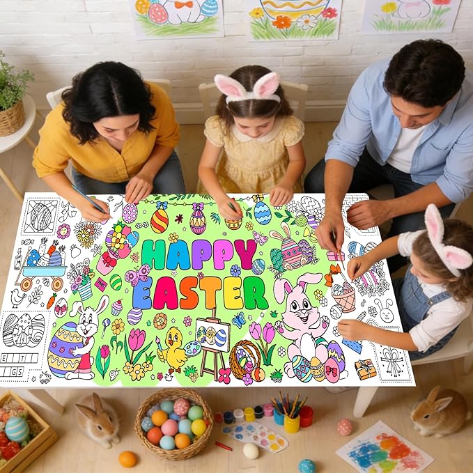 Easter Giant Coloring Poster for Kids,30x72 Inch Happy Easter Crafts Drawing Paper Coloring Tablecloth DIY Art Crafts for Kids Party Egg Bunny Themed Activity Home Classroom Party Suppiles
