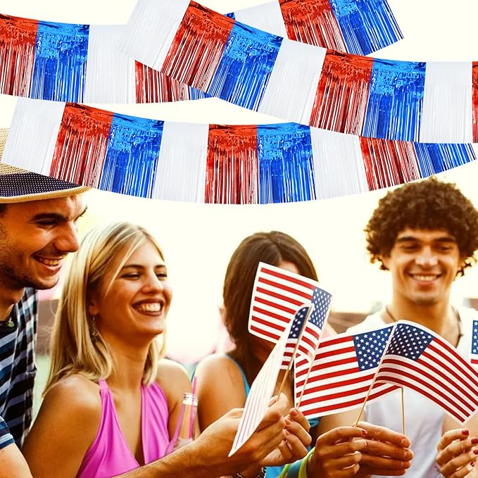 BEISHIDA 3 Packs Metallic Foil Fringe Garland Red White Blue Wall Hanging Tinsel Fringe Banners for Floats Birthday 4th of July Memorial Day Patriotic New Year Party Decoration(30 Feet)
