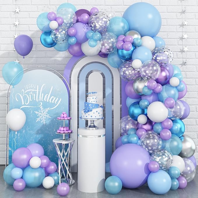Purple Blue Balloon Arch Kit, Snowflake Birthday Balloons Garland with Silver Confetti Balloon,Winter Theme Balloons Decorations for Birthday Baby Shower Holiday Party Decor Supplies