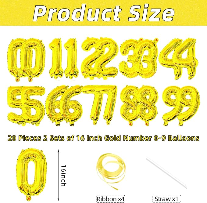 20 Pieces 2 Sets of 16 Inch Gold Number 0-9 Balloons – Foil Mylar Balloons for Custom Number Decorations, Birthday, Anniversary, Graduation, New Year, and Party Backdrops