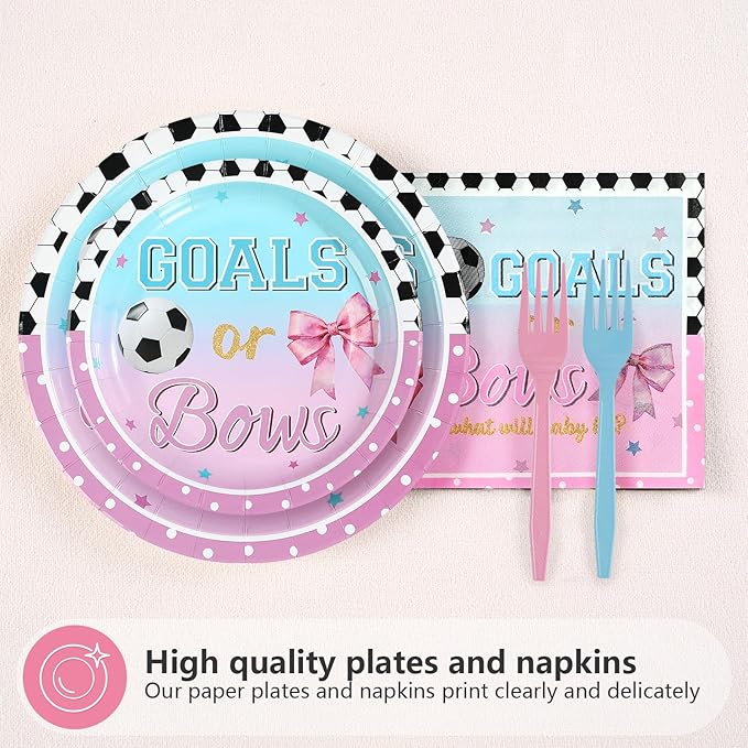 96Pcs Goals or Bows Gender Reveal Party Decoration Soccer Bows Plates and Napkins Blue Pink Watercolor Disposable Tableware Set for He or She Sports Gender Reveal Party Supplies Serves 24