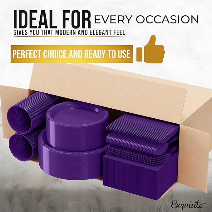 350 Pcs Purple Plastic Plates For Party, Purple Disposable Plates Set, 50 Of Each 9" Dinner Plate Set, 7" Dessert Plate, Cups, Napkins & Cutlery Plastic Dinnerware Set Exquisite