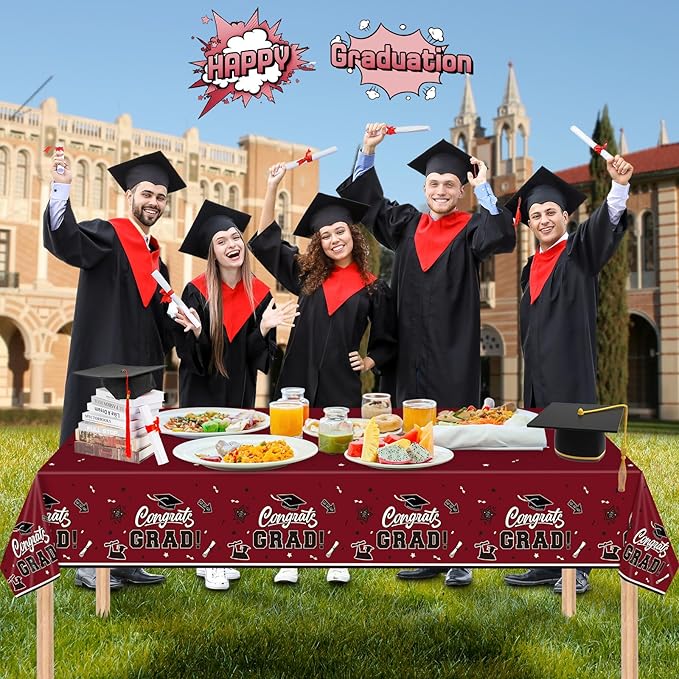 2 Pack Graduation Tablecloth - Congrats Grad Table Cloths, Plastic Disposable Rectangle Maroon Class of 2026 Table Cover for Graduation Tables Decorations Party Decor Supplies Favors,108 x 54 Inch