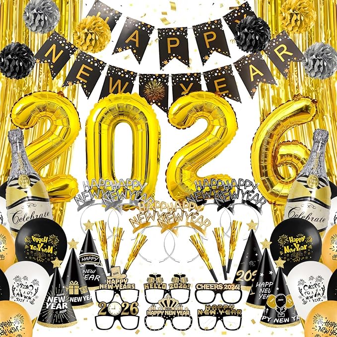 Happy New Year Party Decorations Supplies 2026- Hats, Banner, Glasses, Foil Balloon and Fringe Curtains, New Years Eve Black and Gold Party Decorations