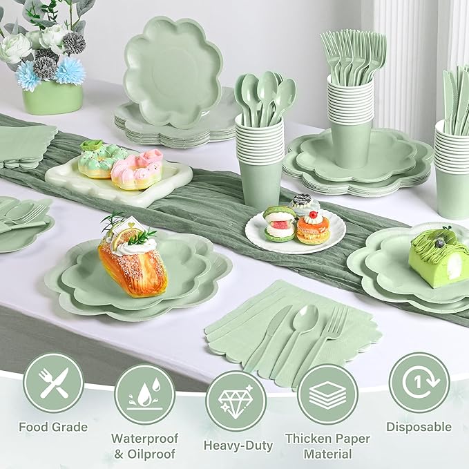 350 Pcs Sage Green Paper Plates and Napkins Set, 9" Easter Plates, 7" Scalloped Dessert Plate, 9oz Cup & Plastic Cutlery, Sage Green Party Supplies for Baby Shower Wedding Birthday, Serve for 50 Guest