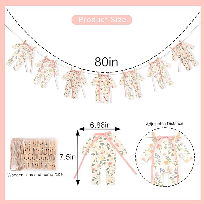 7pcs Neutral Baby Shower Bunting - Pink Baby Pajamas with Ribbon Bows, Gender-Revealing Neutral Party Supplies, Clothesline Birthday Party Banner (Baby Shower Banner Pink)