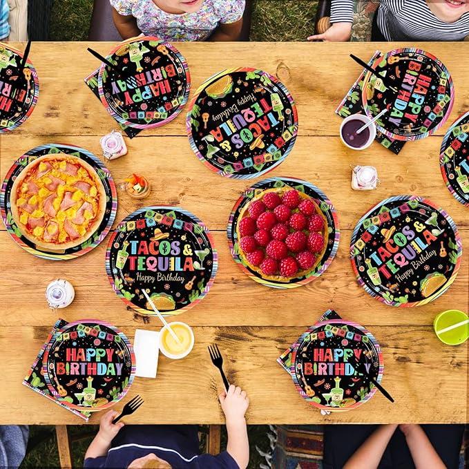 Grencian 96Pcs Taco and Tequila Birthday Party Supplies Mexican Fiesta Paper Plates and Napkins Mexican Colorful Stripe Disposable Tableware Set for Cinco De Mayo Birthday Party Decorations Serves 24