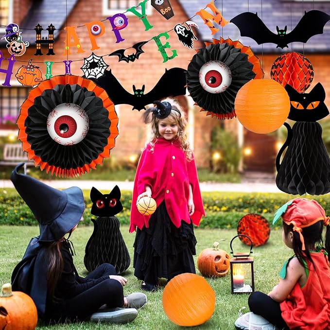 UNIQOOO Halloween Paper Lantern Decorations Set, 11 Pieces with Black Cat, Eyeball, Bat Designs and Banner, Indoor Party Props, 6"-12"