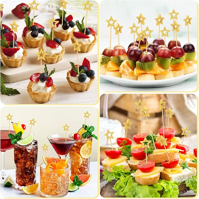 100 Pcs Gold Star Toothpicks, 4.72 Inch Gold Star Cocktail Picks for Appetizers, Long Bamboo Toothpicks, Decorative Toothpicks Skewers for Holiday Birthday Party Decorations (Gold Star)
