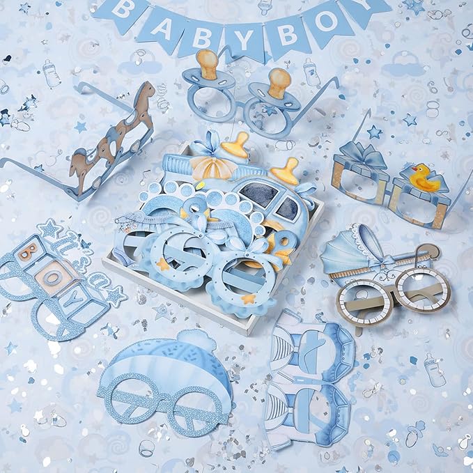 Pajean 32 Pcs Boy Baby Shower Party Decorations It's A Boy Baby Shower Themed Paper Eyeglasses Photo Booth Props Paper Glasses Frame for Gender Reveal Baptism Blue Birthday Party Decor Favors Supplies